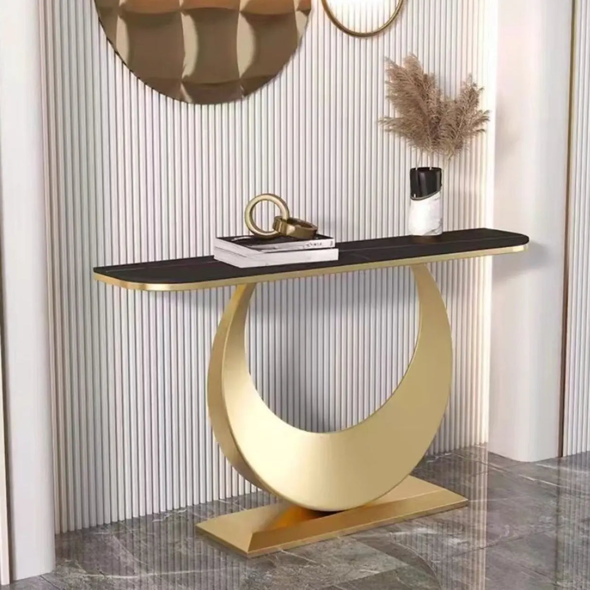Artistic Half Circle Marble Gold Entry Console Table Image - 14