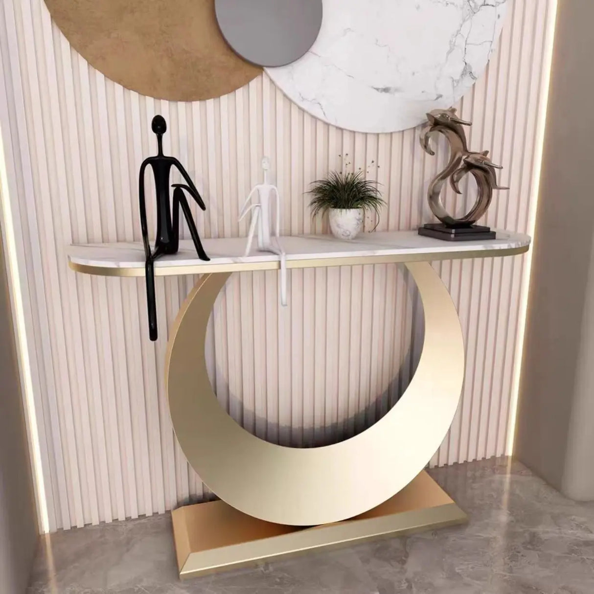 Artistic Half Circle Marble Gold Entry Console Table Image - 4