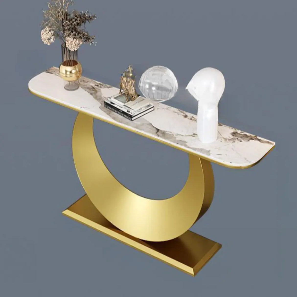 Artistic Half Circle Marble Gold Entry Console Table Image - 6