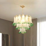 Artistic Modern Brass Green Stained Glass Tiered Chandelier Image - 2