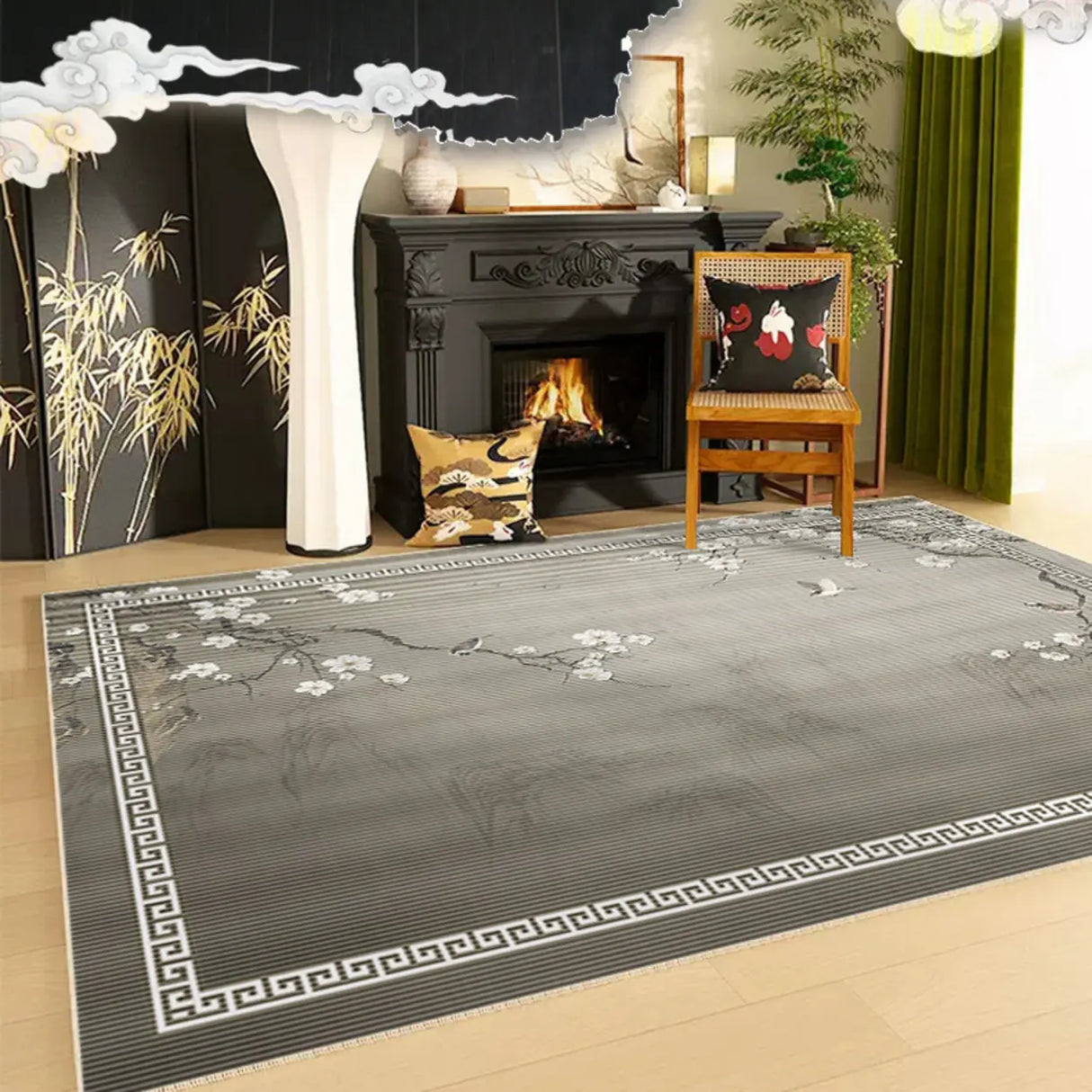 Artistic Rectangle Polyester Grey Floral Area Rug Image - 1