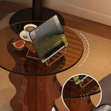 Artistic Round Glass Top Side Table with Sculpted Wood Base Image - 5