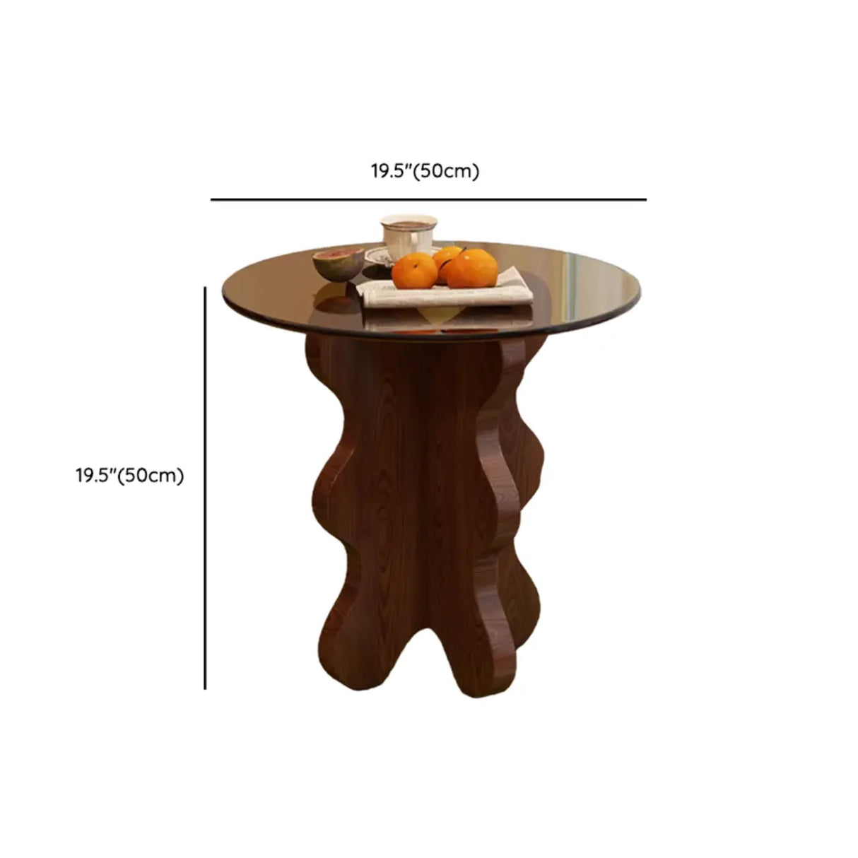 Artistic Round Glass Top Side Table with Sculpted Wood Base 