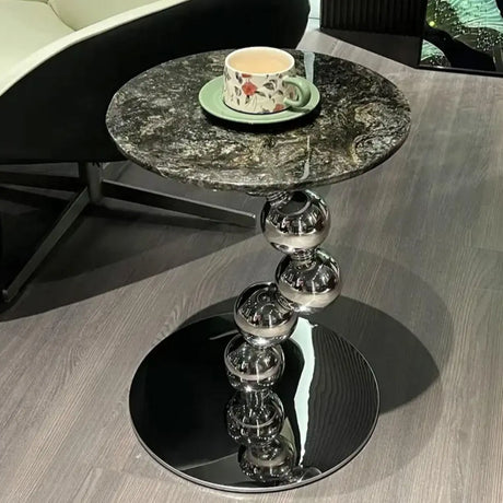 Artistic Round Marble Top Silver Ball Pedestal Side Table Image - 1