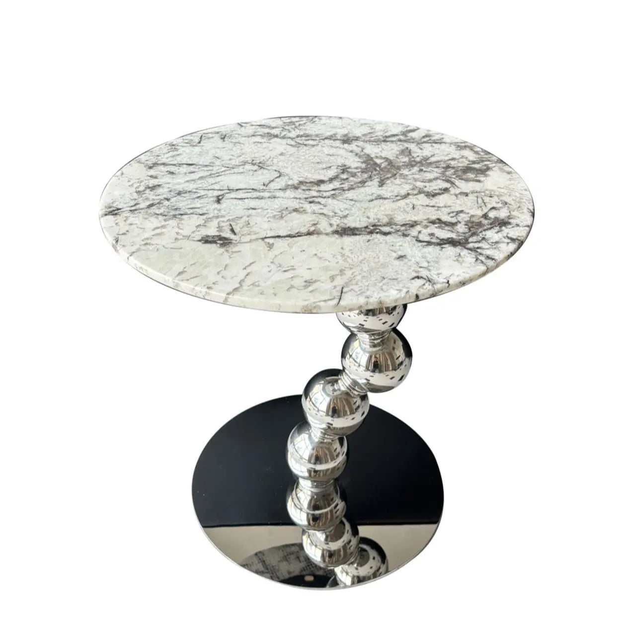Artistic Round Marble Top Silver Ball Pedestal Side Table Image - 2