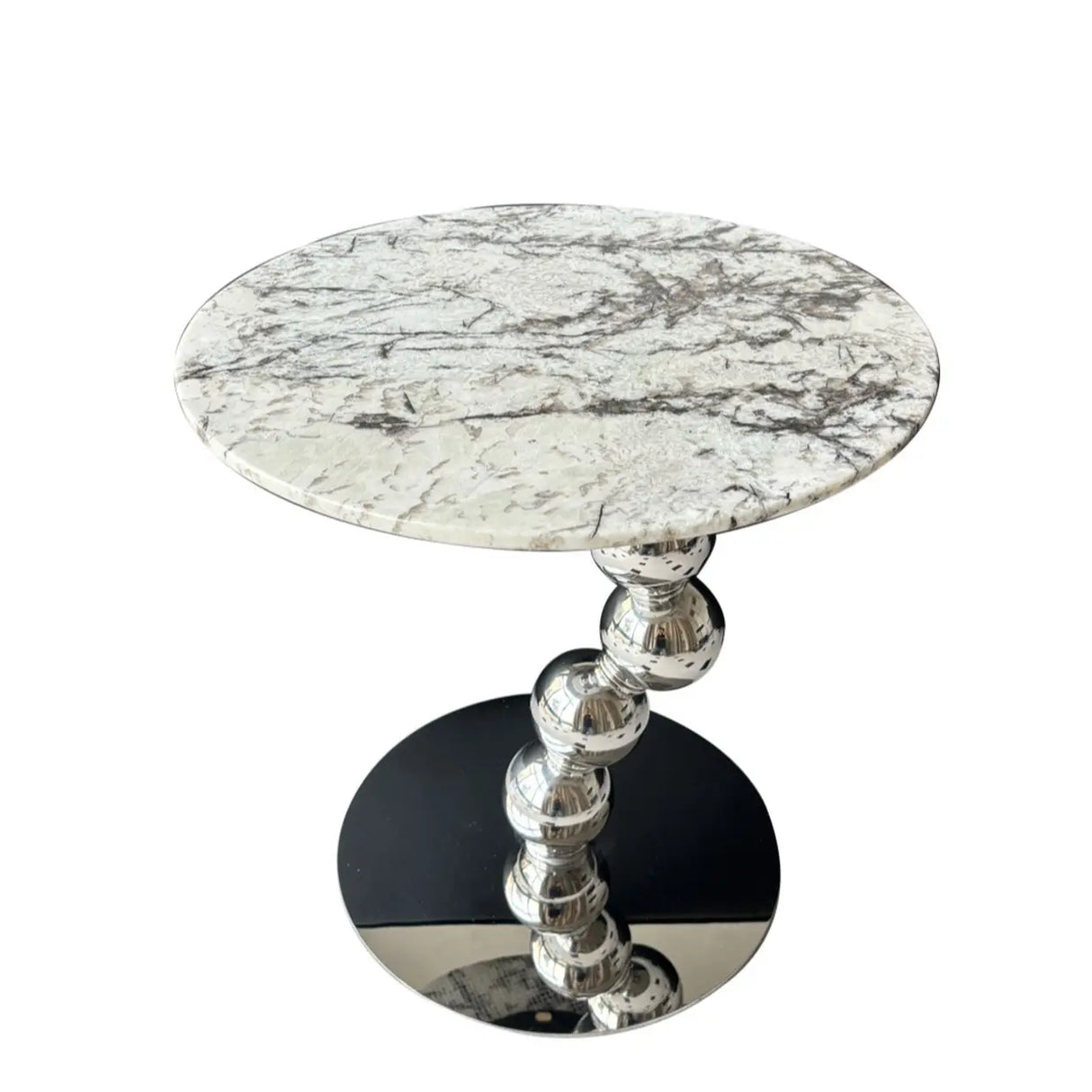 Artistic Round Marble Top Silver Ball Pedestal Side Table Image - 2