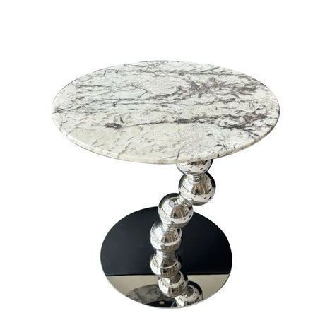 Artistic Round Marble Top Silver Ball Pedestal Side Table Image - 2