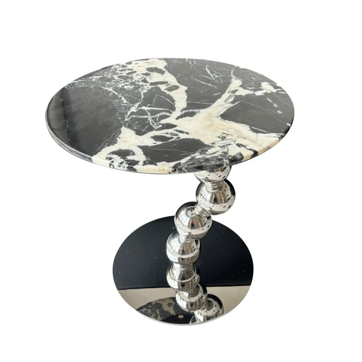 Artistic Round Marble Top Silver Ball Pedestal Side Table Image - 3