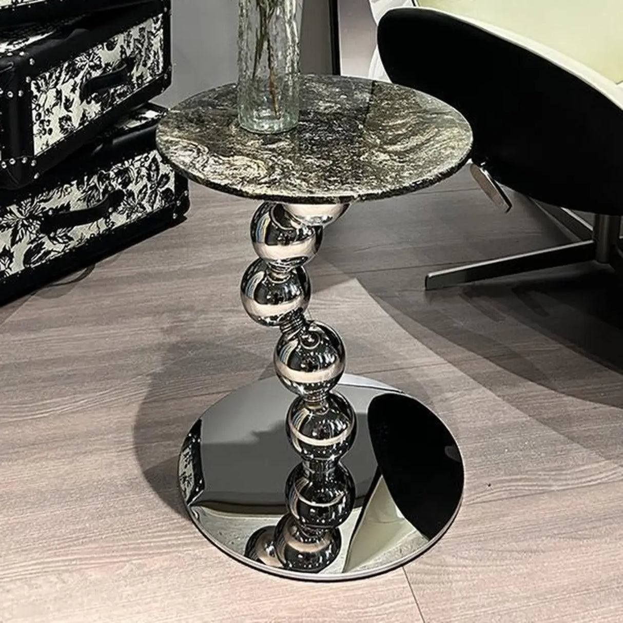 Artistic Round Marble Top Silver Ball Pedestal Side Table Image - 4