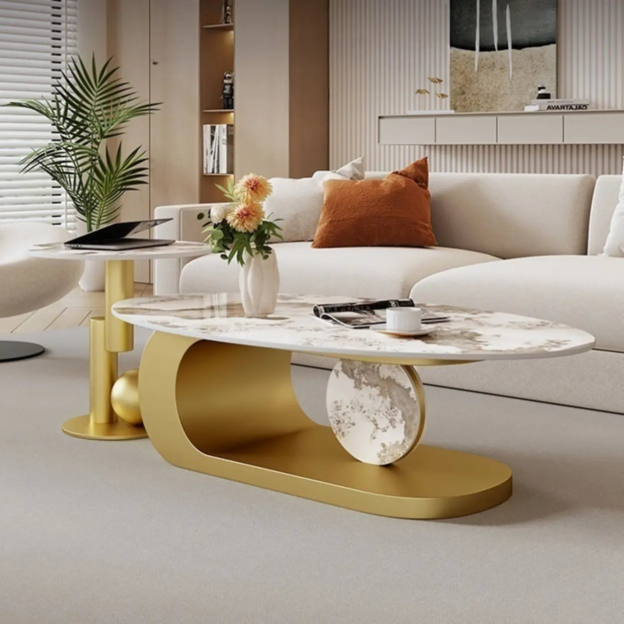 Artistic Stone Oval Iron Block Base Coffee Table Image - 1