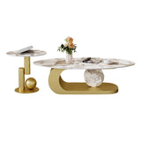 Artistic Stone Oval Iron Block Base Coffee Table Image - 11