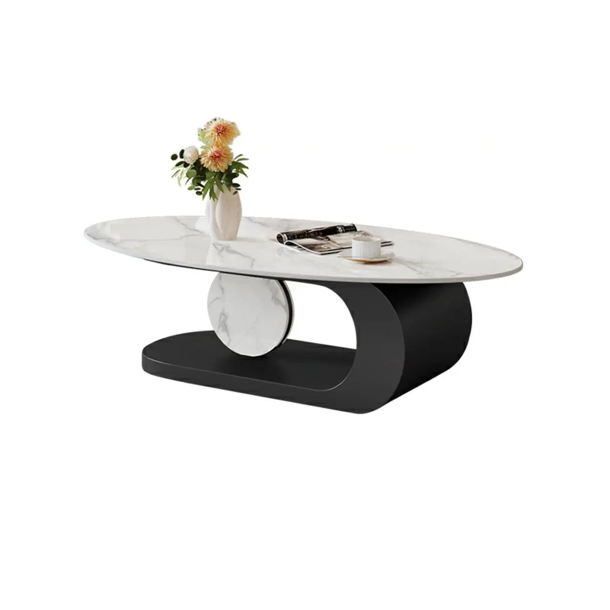 Artistic Stone Oval Iron Block Base Coffee Table Image - 16