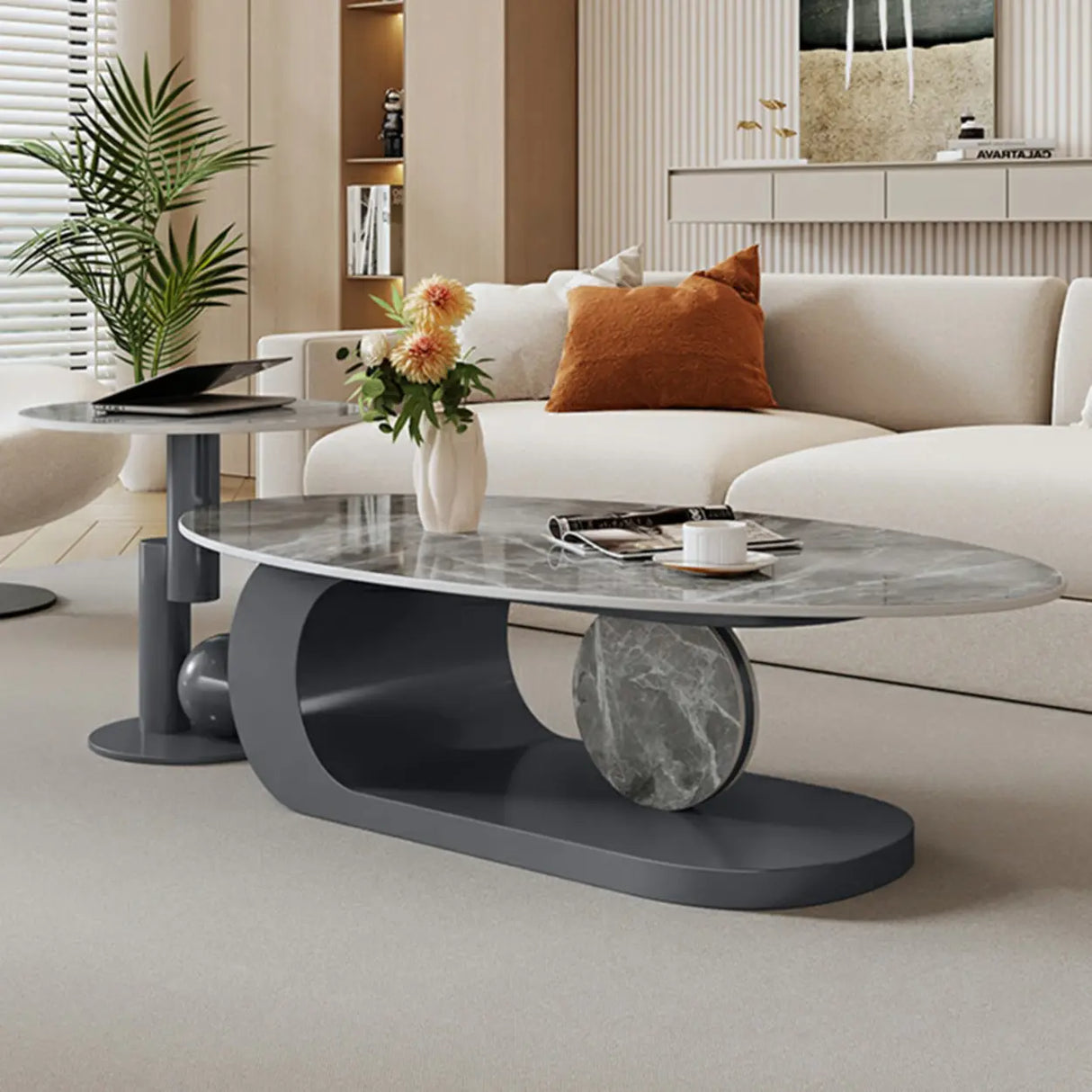 Artistic Stone Oval Iron Block Base Coffee Table Image - 17