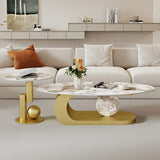 Artistic Stone Oval Iron Block Base Coffee Table Image - 18