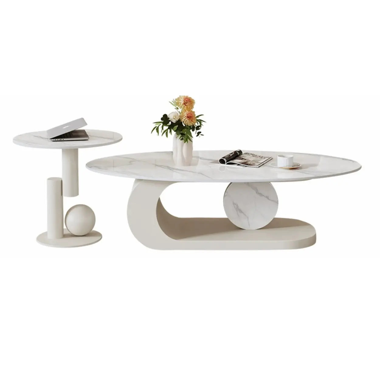 Artistic Stone Oval Iron Block Base Coffee Table Image - 2