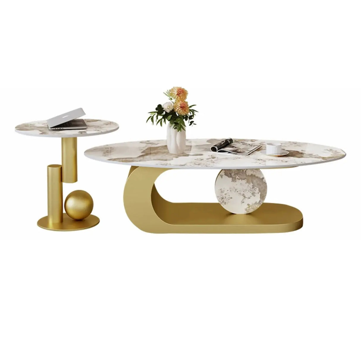 Artistic Stone Oval Iron Block Base Coffee Table Image - 3