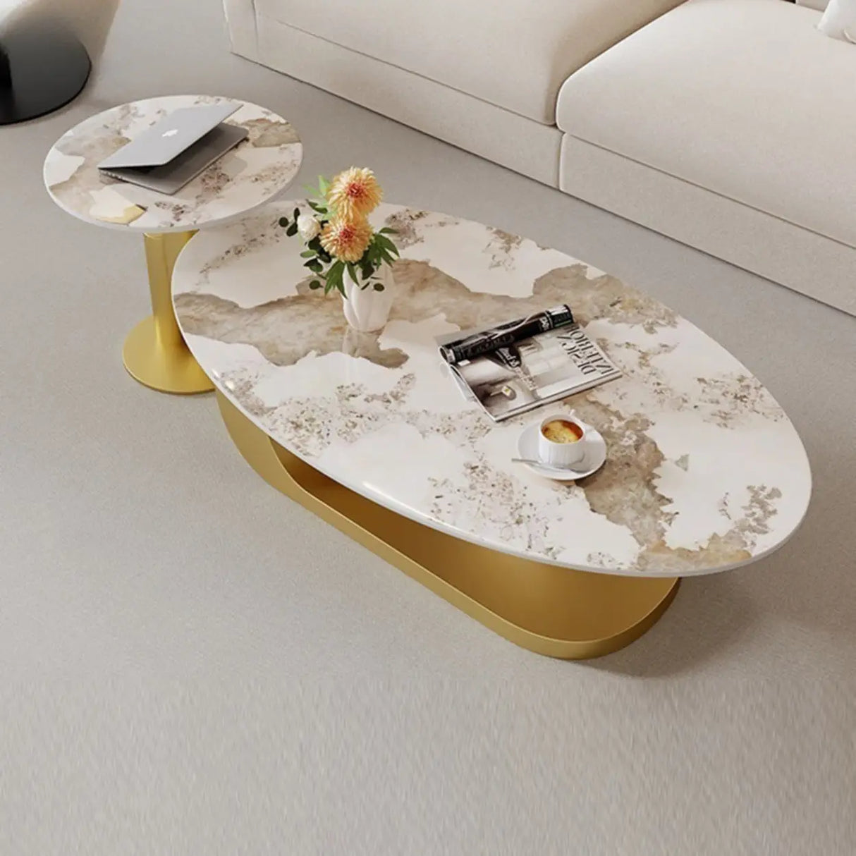 Artistic Stone Oval Iron Block Base Coffee Table Image - 4