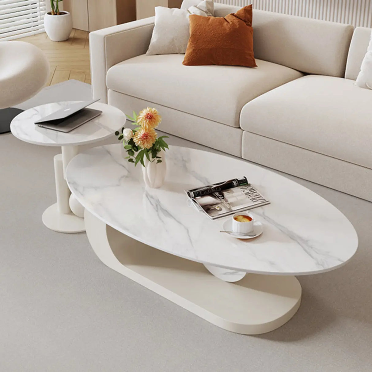 Artistic Stone Oval Iron Block Base Coffee Table Image - 5