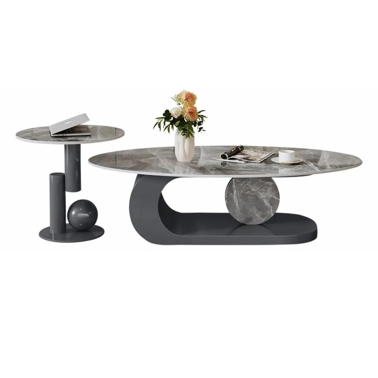 Artistic Stone Oval Iron Block Base Coffee Table Image - 6