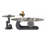 Artistic Stone Oval Iron Block Base Coffee Table Image - 6