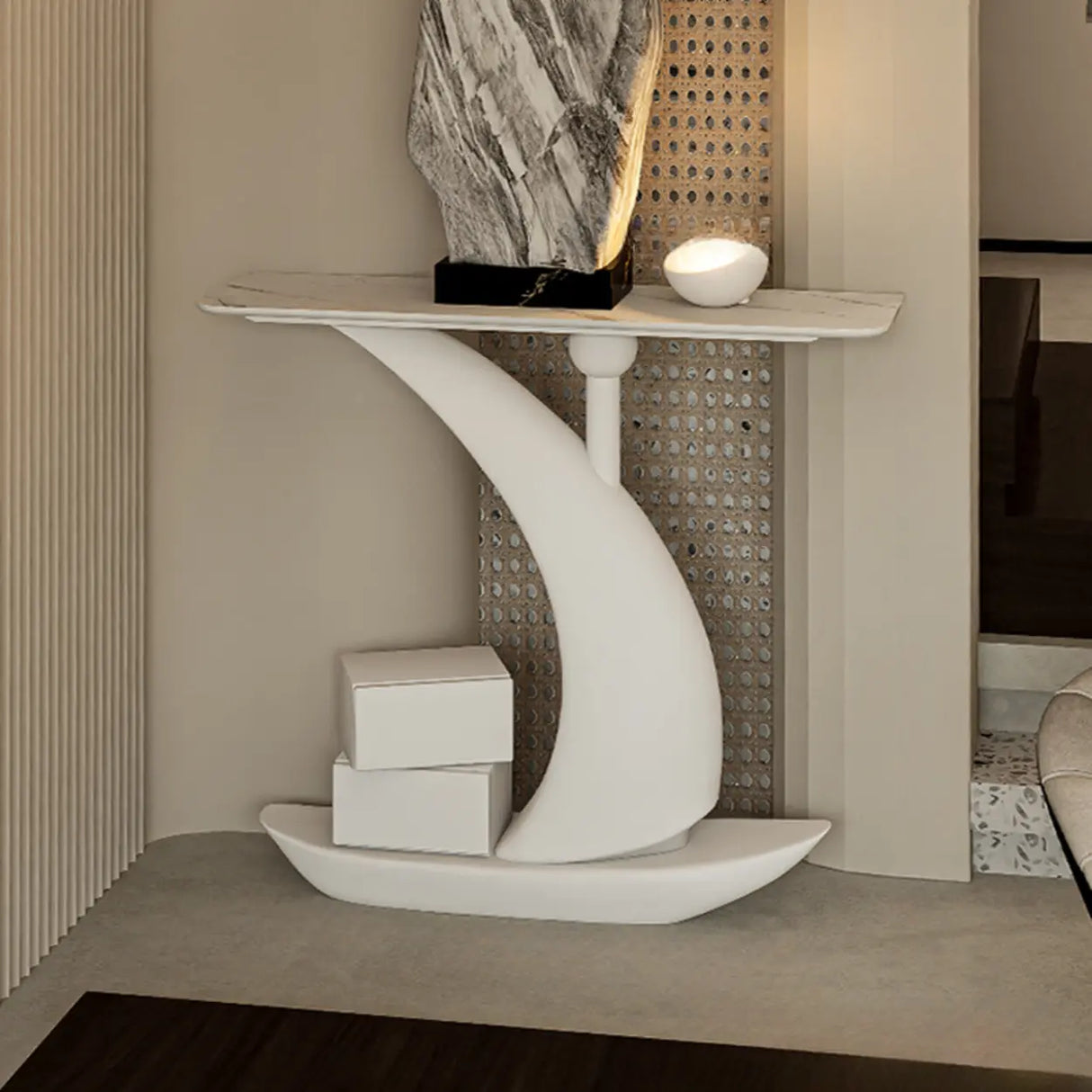 Artistic Stone White Abstract Base Narrow Console Table Image - 1