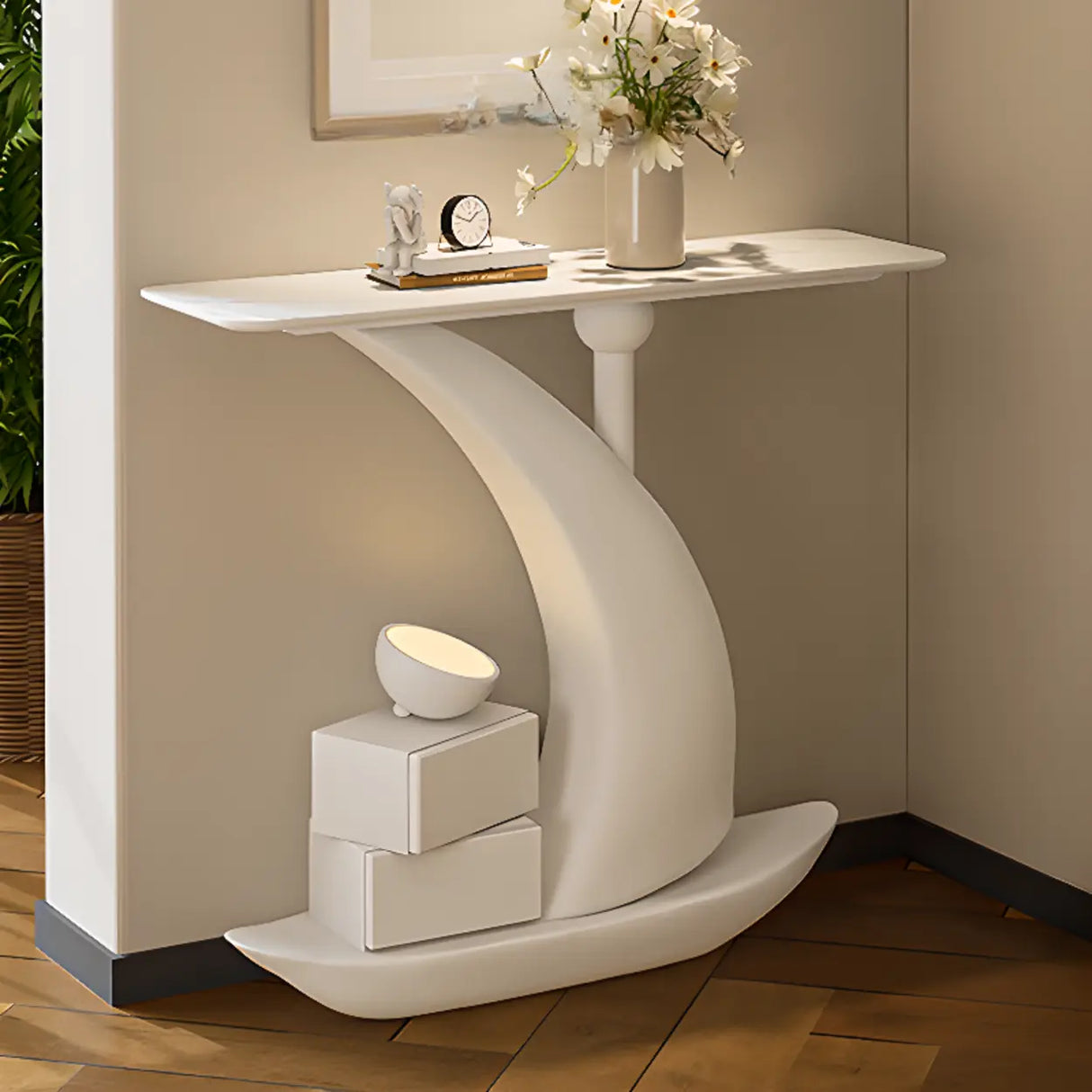 Artistic Stone White Abstract Base Narrow Console Table Image - 2