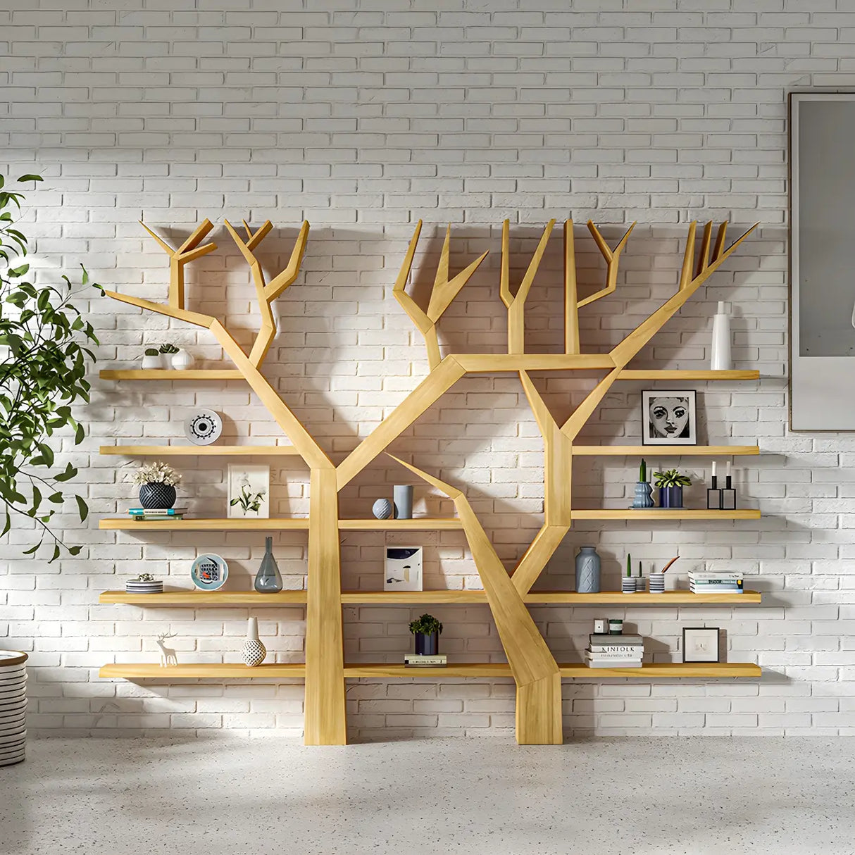 Artistic Tree Shape Open Etagere Wood Display Bookcase Image - 2
