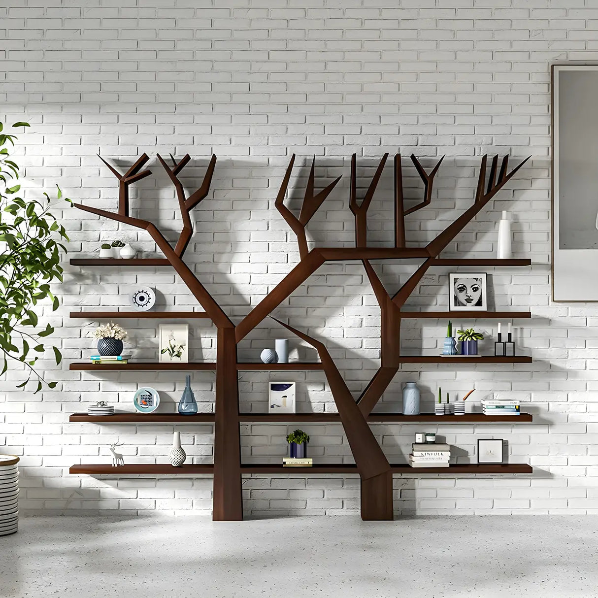 Artistic Tree Shape Open Etagere Wood Display Bookcase Image - 4