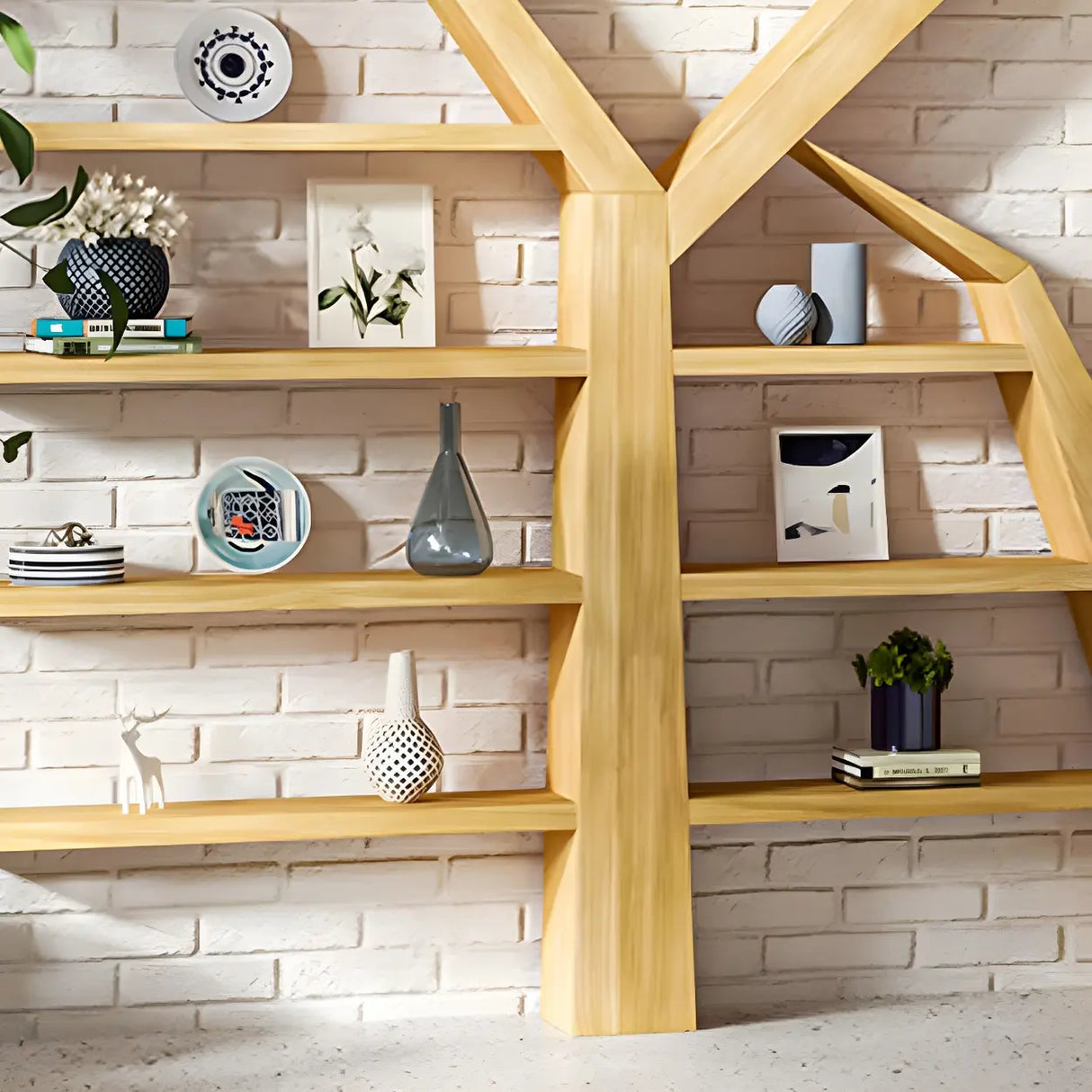 Artistic Tree Shape Open Etagere Wood Display Bookcase Image - 6