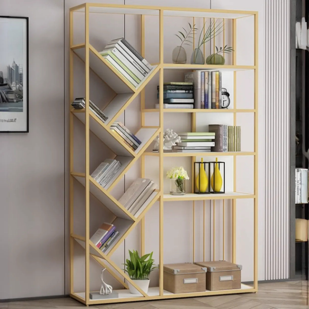 Artistic Vertical Geometric Open Etagere Large Bookshelf Image - 3