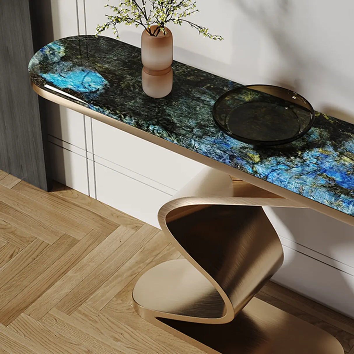 Artistic Wave Base Metal and Blue Stone Console Table Image - 4