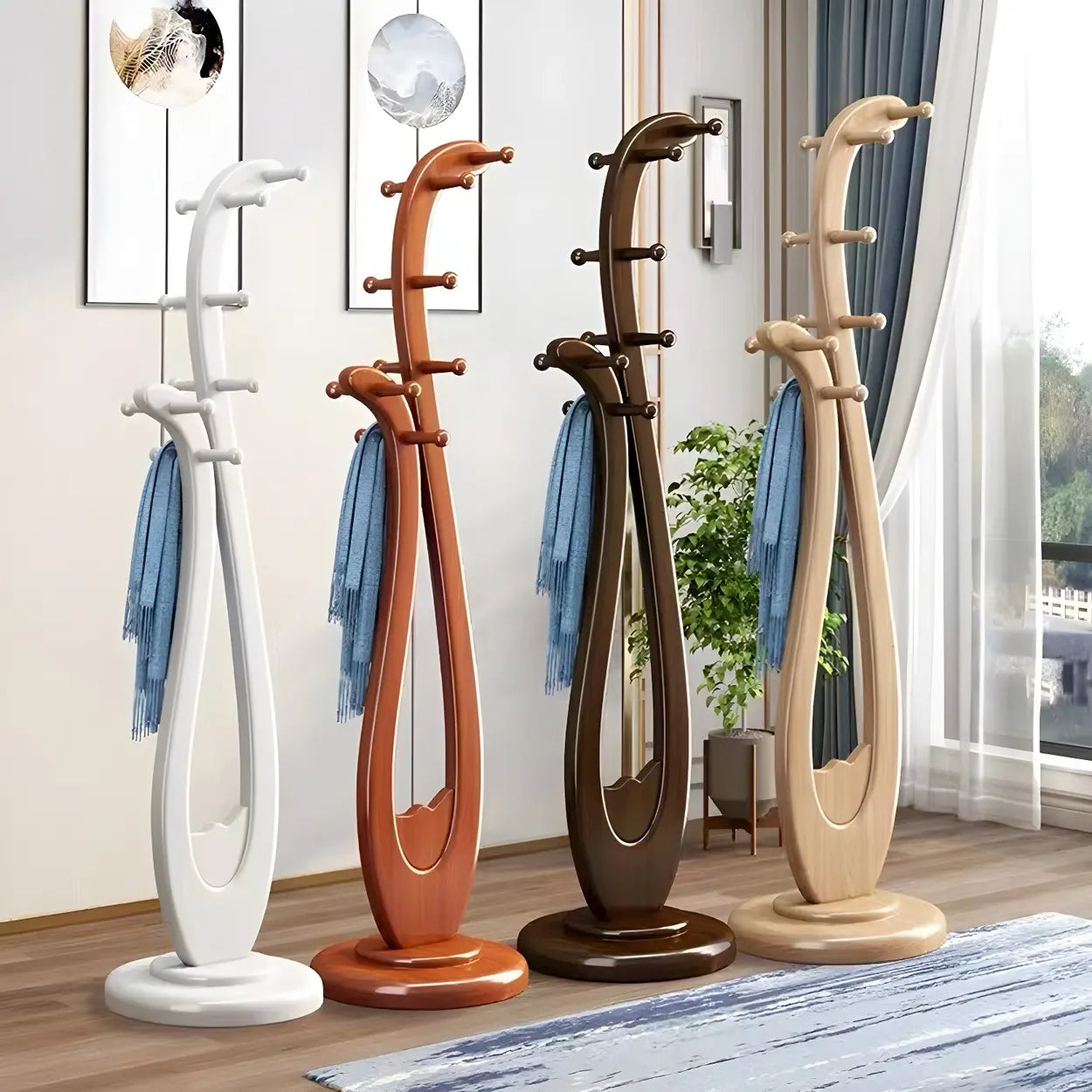 Artistic Wooden Curve Freestanding Coat Rack with Hooks Image - 1