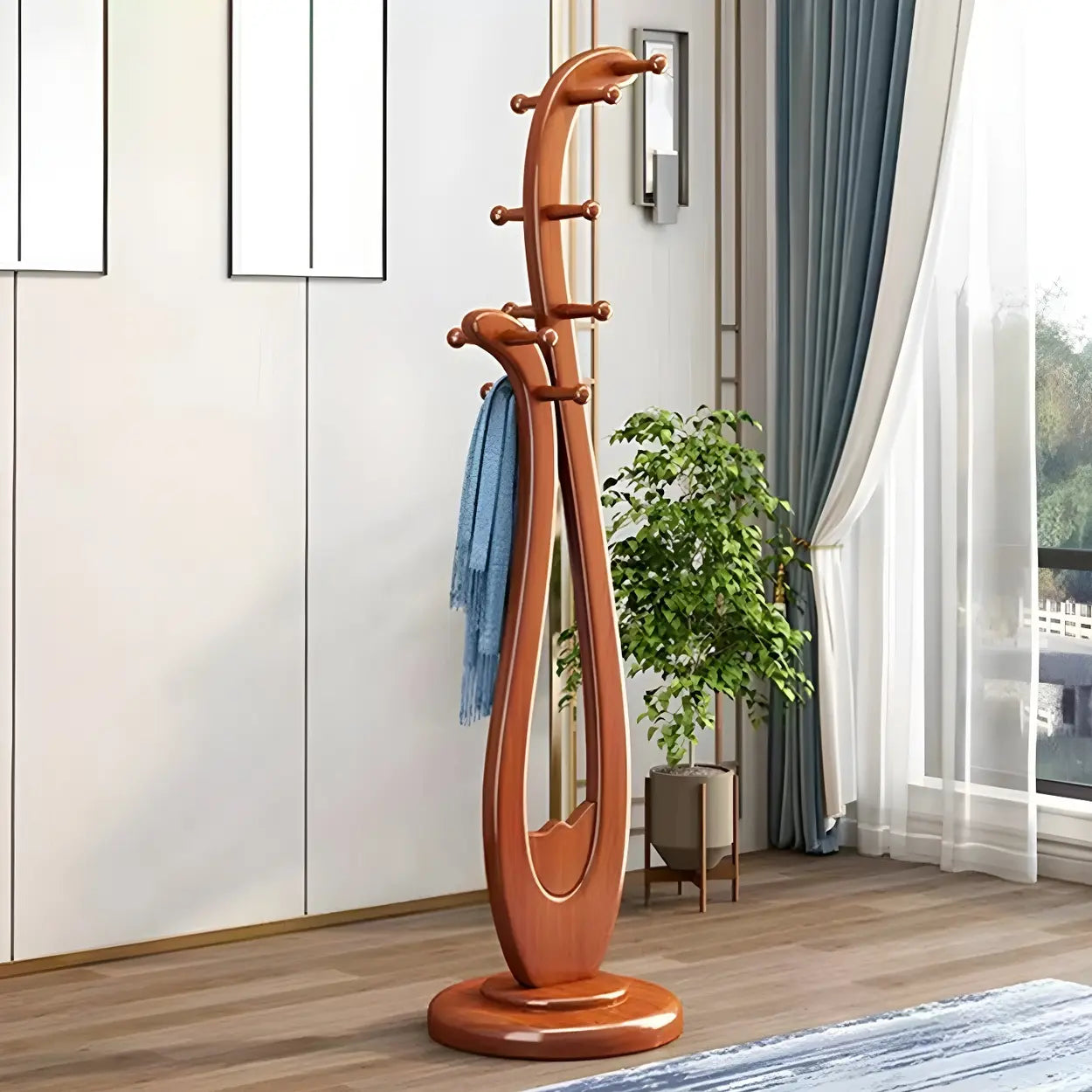 Artistic Wooden Curve Freestanding Coat Rack with Hooks Image - 2