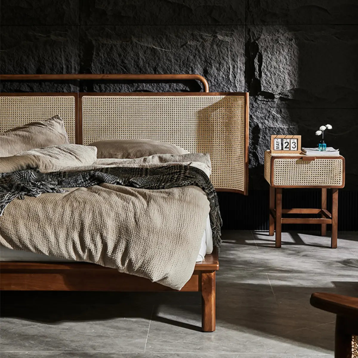 Ash Wood Walnut King Wingback Bed with Headboard and Legs Image - 6