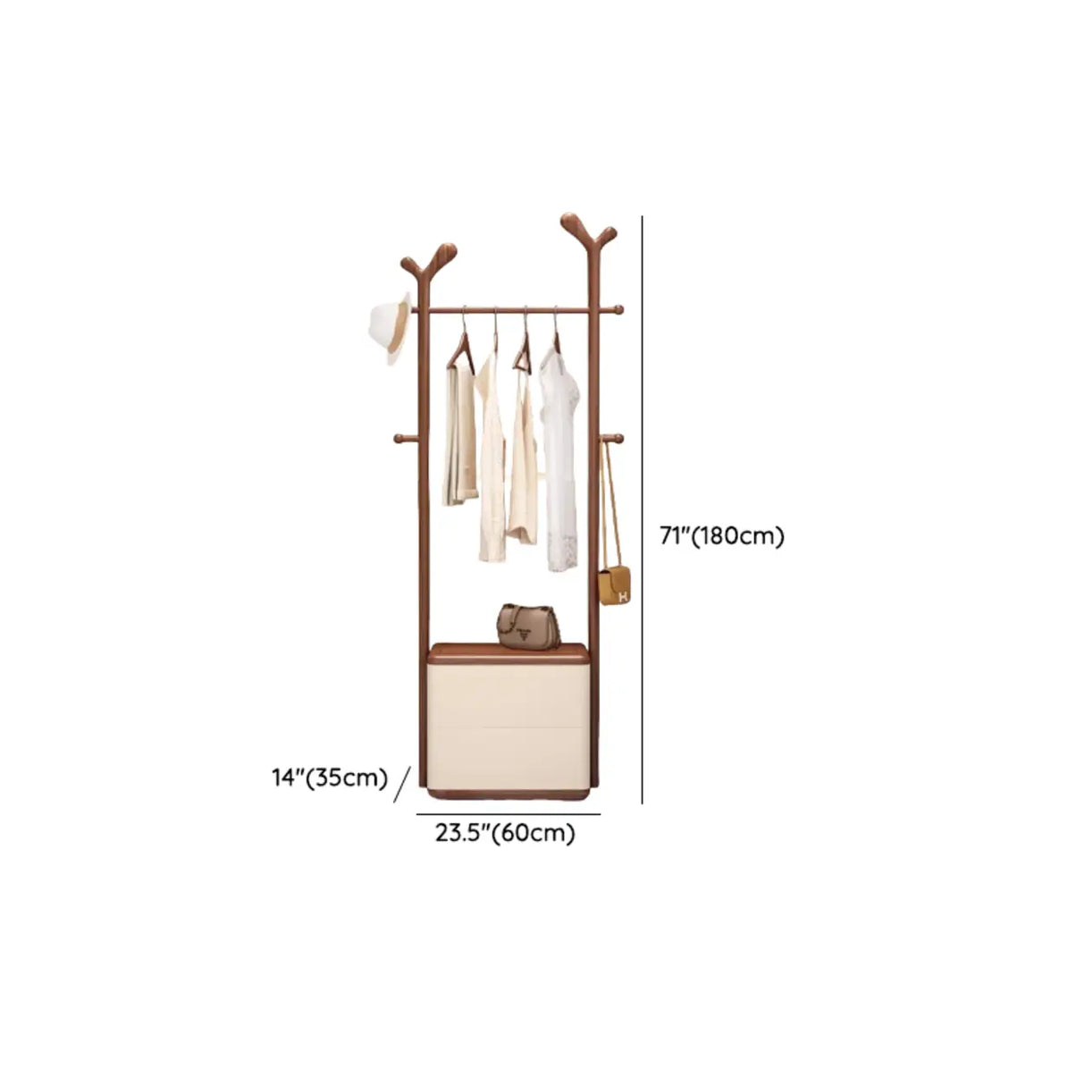 Ash Wooden Standing Hooks Coat Rack with Storage Drawers 