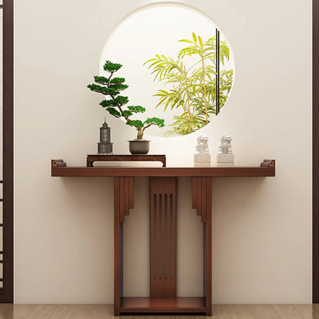 Asian-Inspired Floor Shelf Wood Brown Console Table Image - 1