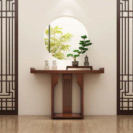 Asian-Inspired Floor Shelf Wood Brown Console Table Image - 2