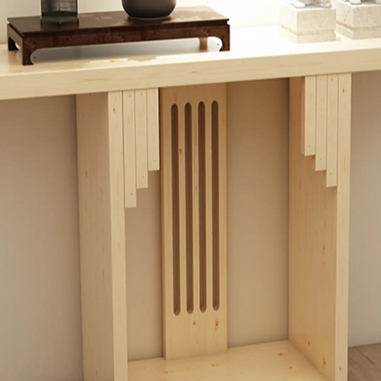 Asian-Inspired Floor Shelf Wood Brown Console Table Image - 7