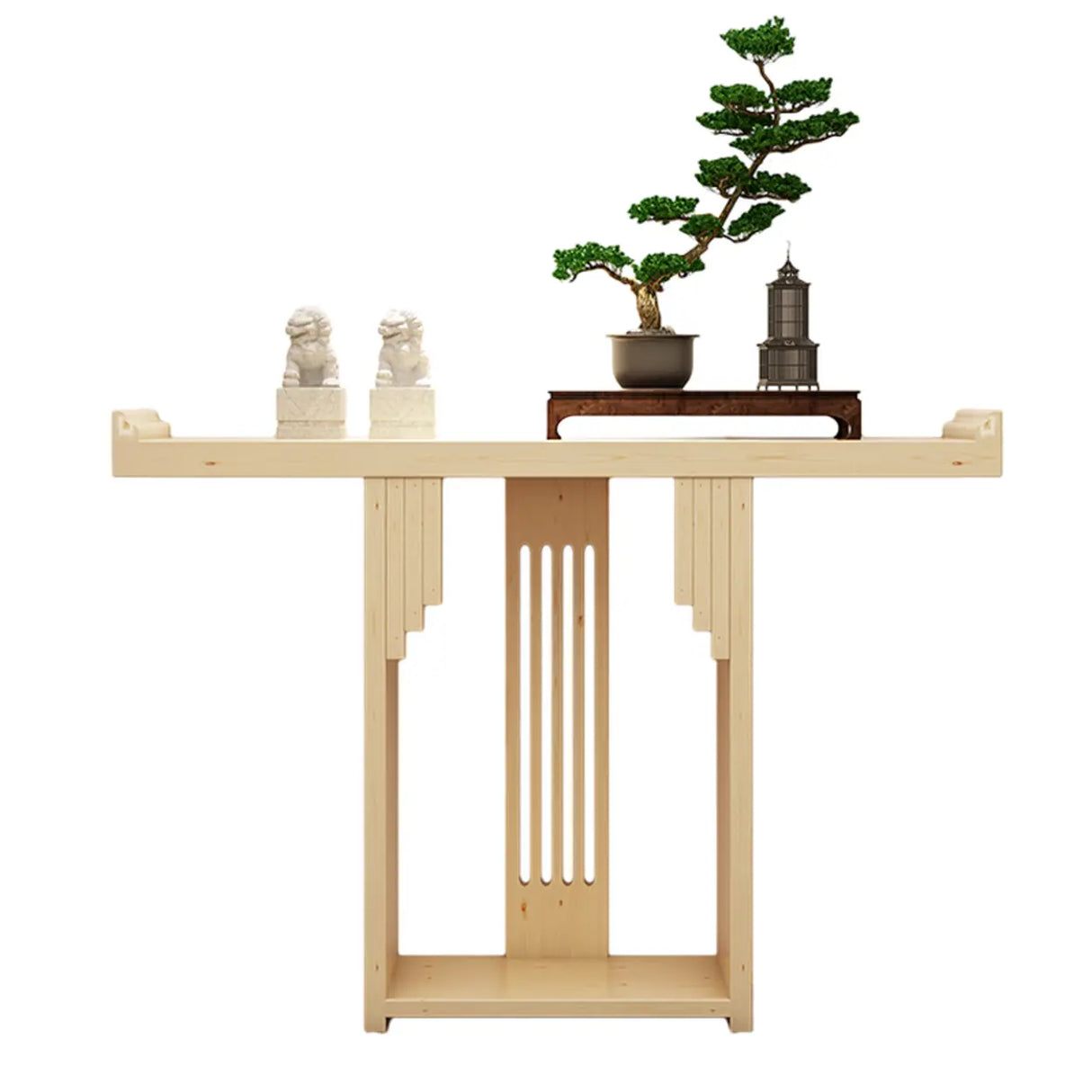 Asian-Inspired Floor Shelf Wood Brown Console Table Image - 8