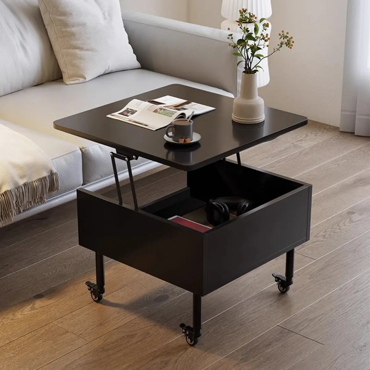 Avocado Green Wood Square Coffee Table with Storage Image - 5