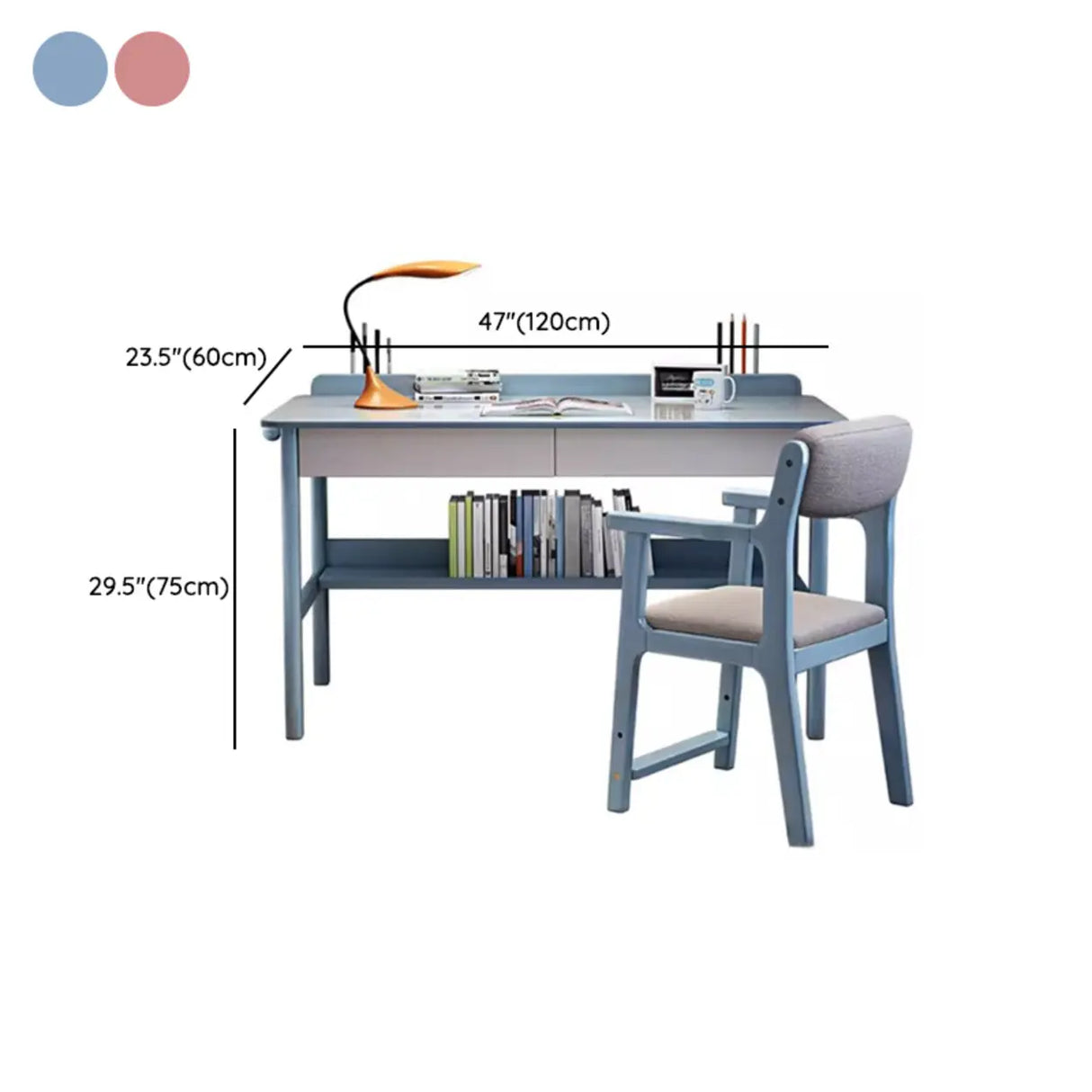 Timber Children Computer Desk with Chair, Peony/Azure Color, Container Storage, Shelf, and Drawer 