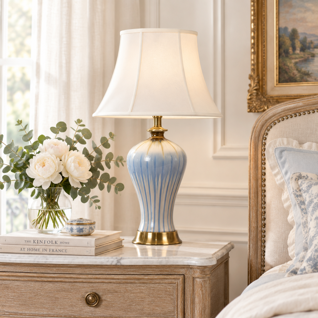 Elegant Fabric Drum Shape Ceramic Vase Table Lamp