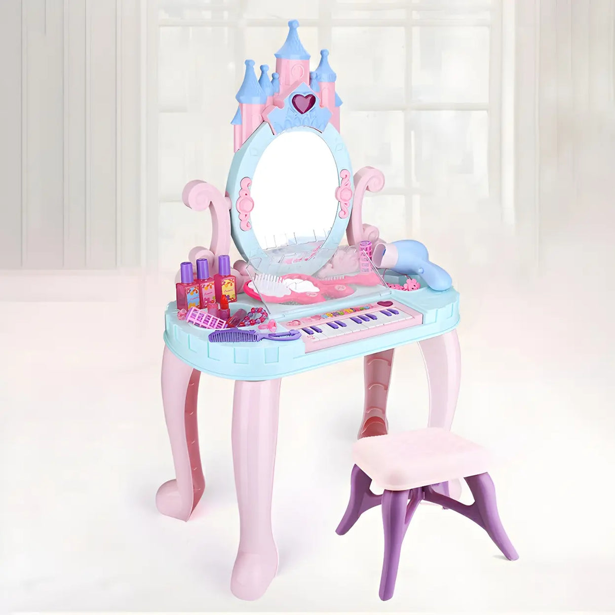 Ball Feet Plastic Castle Shape Pink Kids Vanity with Mirror Image - 1