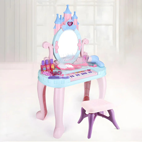 Ball Feet Plastic Castle Shape Pink Kids Vanity with Mirror Image - 1
