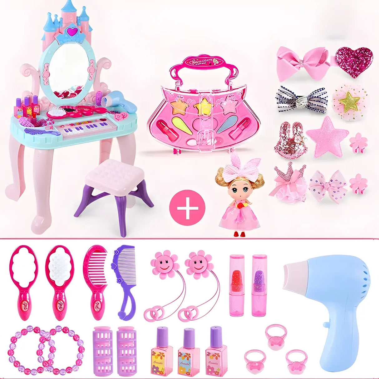 Ball Feet Plastic Castle Shape Pink Kids Vanity with Mirror Image - 3