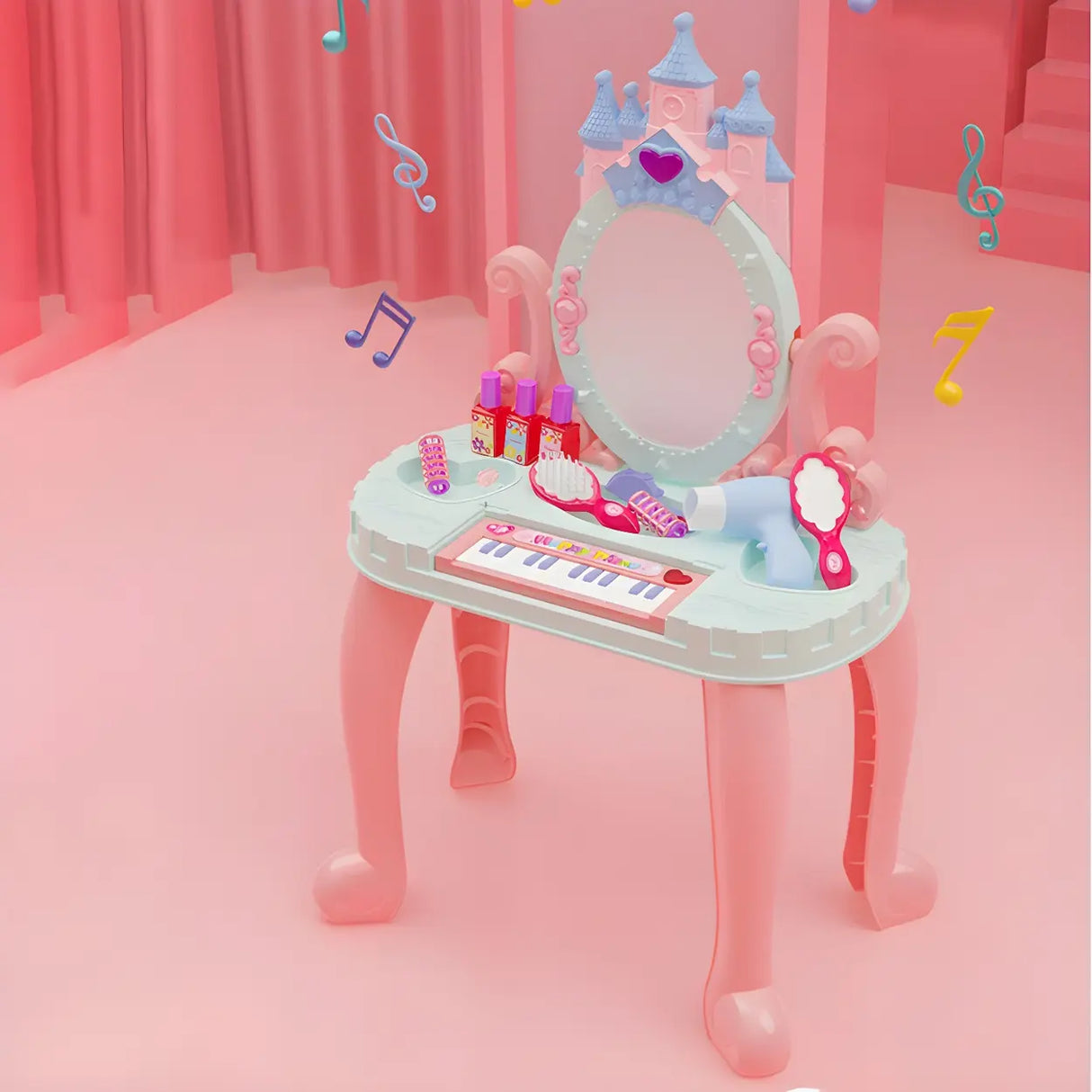 Ball Feet Plastic Castle Shape Pink Kids Vanity with Mirror Image - 4