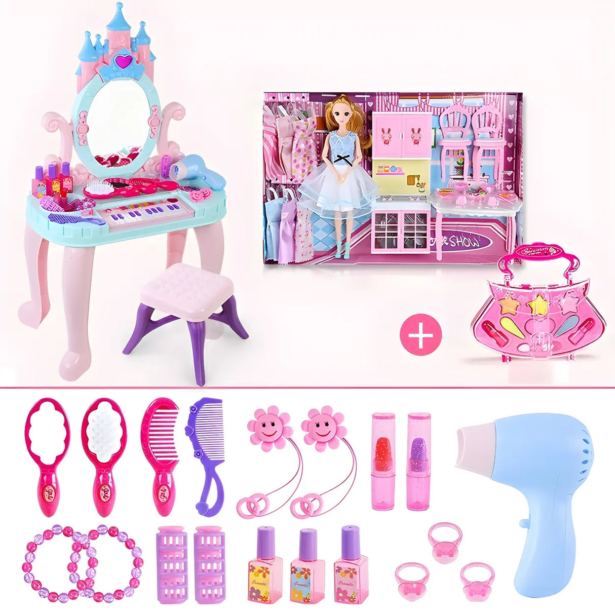 Ball Feet Plastic Castle Shape Pink Kids Vanity with Mirror Image - 5