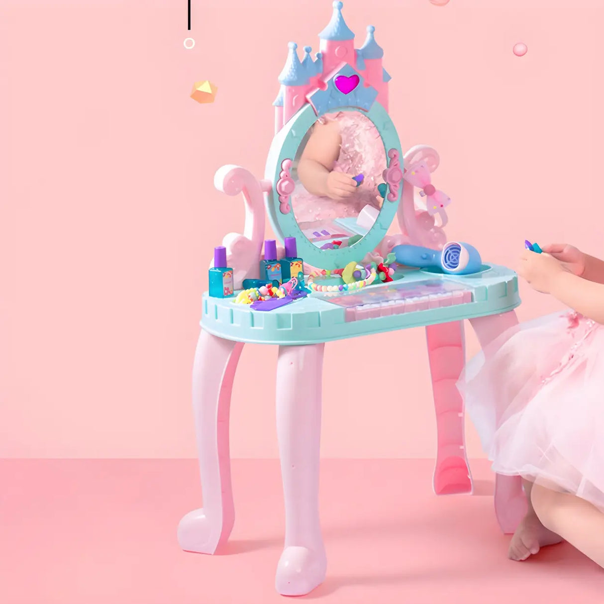 Ball Feet Plastic Castle Shape Pink Kids Vanity with Mirror Image - 6