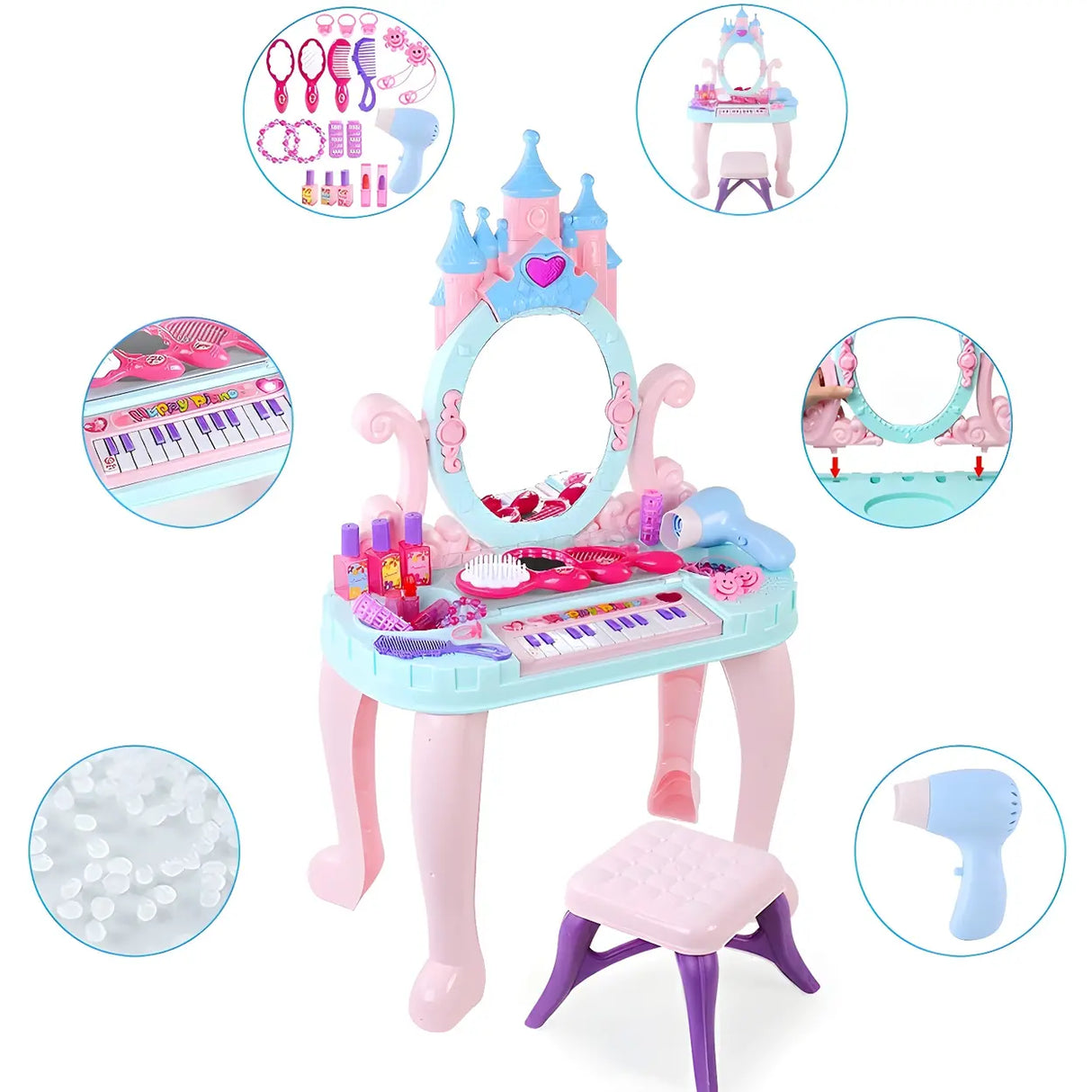 Ball Feet Plastic Castle Shape Pink Kids Vanity with Mirror Image - 7