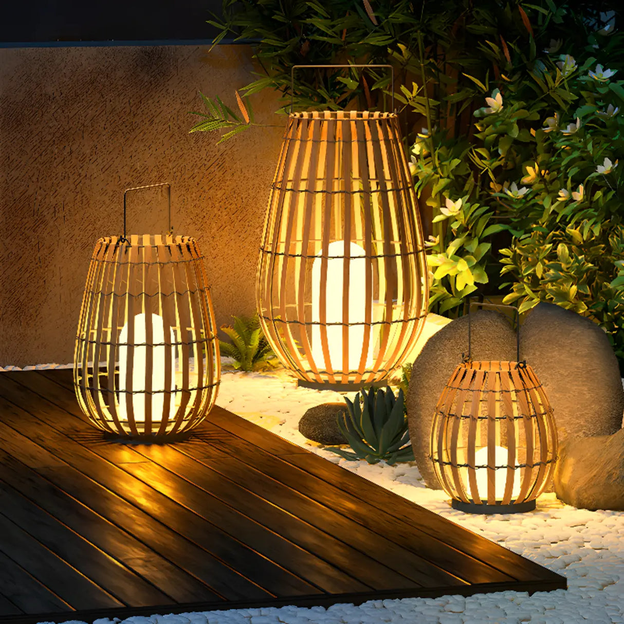 Bamboo Lantern Outdoor Table Lamp Portable Pillar Light Image - 8